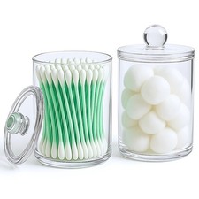 Acrylic Qtip Holder Set - Bathroom Containers with Lids, Clear Apothecary Jars