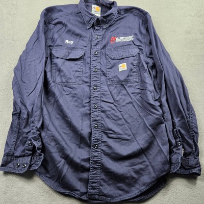 Carhartt FR Button Up Shirt Mens Large Navy Pockets Long Sleeve Elliot Group Ray