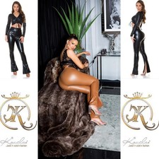 Sexy Women's Black Brown Faux Leather Split Hem Bootcut Flared Pants Trousers