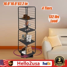 4 Tier Rotating Bookshelf 360° Bookcase Black Square Shelf Display Rack NEW