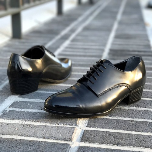 Para hombre puntada trasera puntera redonda arrugas cuero negro con cordones tacones altos oxfords - Imagen 9 de 10