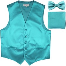 New Men's Horizontal Stripes Tuxedo Vest Waistcoat bowtie HankieTurquoise blue
