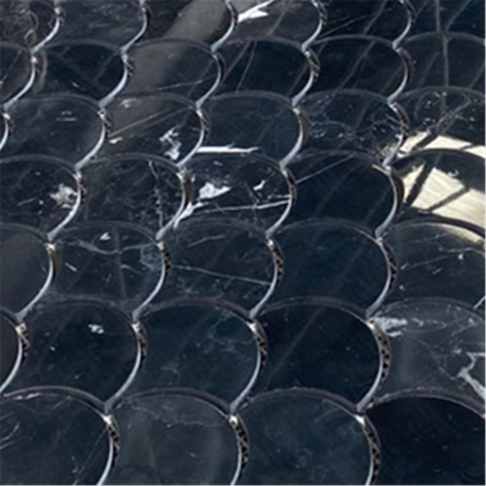 N993XP Nero Marquina Black Marble Fish Scale Fan Shape Mosaic Tile ...