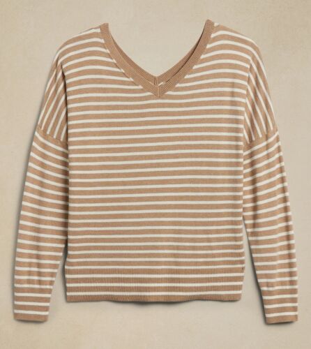 Banana Republic Forever Sweater BEIGE STRIPES v neck MEDIUM FREE USA SHIPPING - Picture 2 of 8