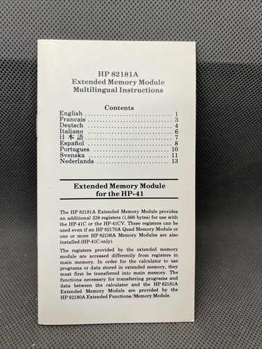82181A Extended Memory Module QREF für HP-41C, CV, CX, Top Zustand - Bild 1 von 2