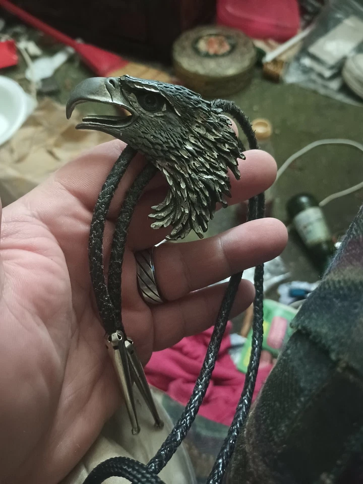 De Colección EJC American Bald Eagle Bolo Corbata Cuero Peltre Trenzado Western Plata EE. UU. Foto 4 de 4