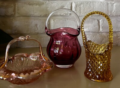 Three Small Vintage Art Glass Baskets All Different..Red, Yellow and Pink..