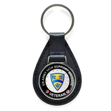 US Army 15th Support Brigade Veteran Black Leather Keychain Silver Keyring 