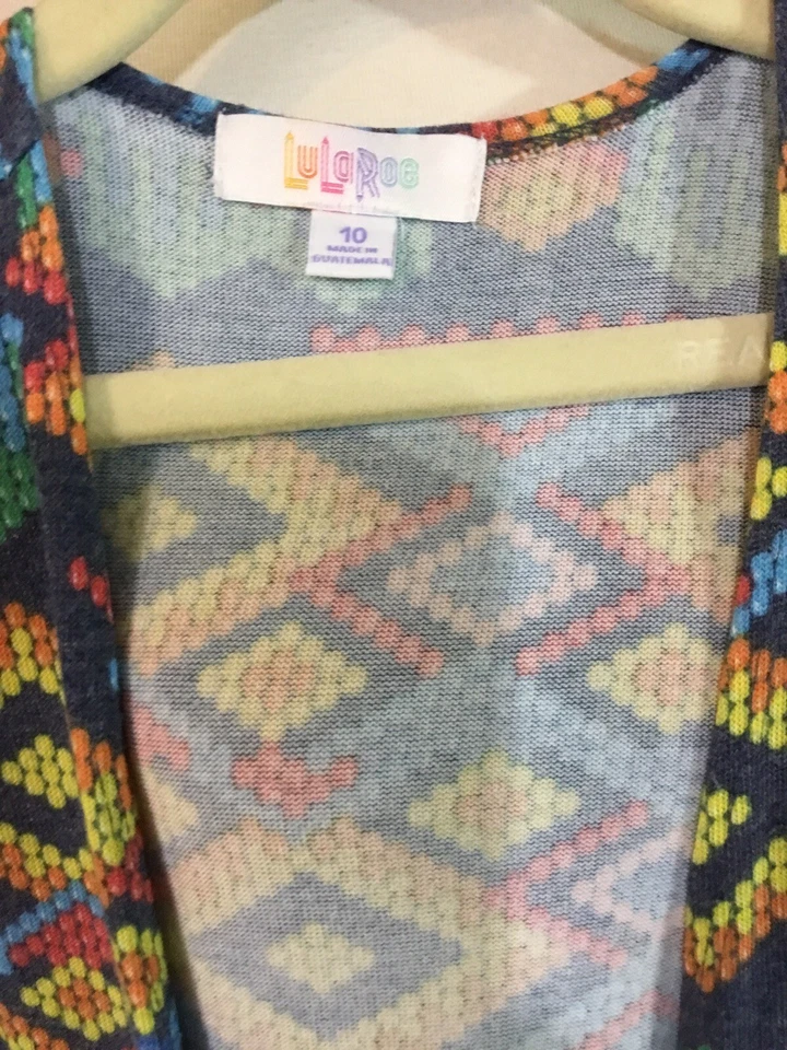 Cárdigan Largo LuLaRoe Niñas Sariah Talla 10 Usado en Excelente Condición Divertido Estampado Animal Colores Vibrantes P Foto 2 de 4