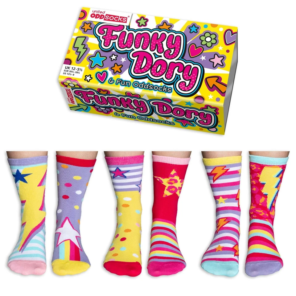 United Oddsocks Funky Dory 6 Oddly Coloured Coordinated Kids Socks UK 12-5.5