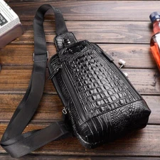 Men PU Leather Crocodile Pattern Chest Bag Sling Backpack Crossbody Travel Bag