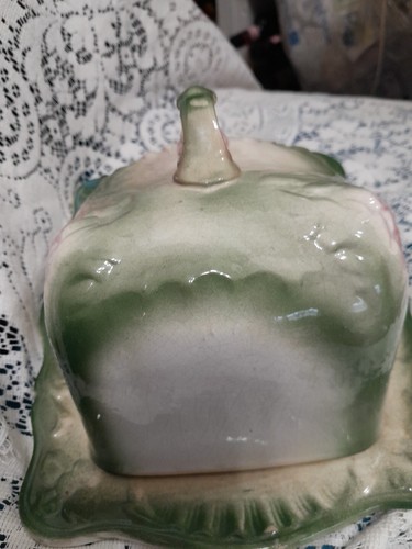 Hermoso plato victoriano de mantequilla/queso verde y rosa vintage sin marca - Imagen 5 de 13