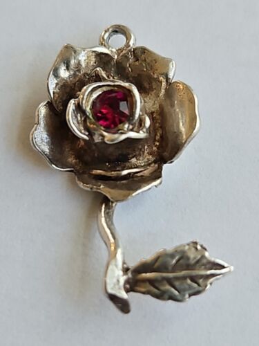 Sterling Silver Rose Bloom Flower Charm ~ RED STON