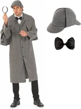 Mens Victorian Detective Costume Adult Historical Sleuth Fancy Dress M L XL
