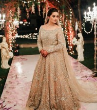 Pakistani indian Bridal Luxury Fully Embroidered Net Maxi worn by Minal Khan