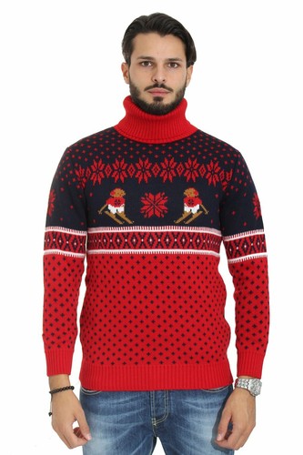 Maglione Uomo Dolcevita Natalizio Collo Alto Fantasia Ricamata Neve Rosso |  eBay