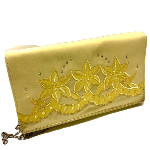 Vtg 80's BMJ Studio Yellow SATIN Embroidered FLORAL Chain Cocktail Purse Clutch - Picture 6 of 9