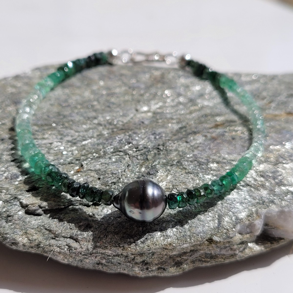 Bracelet Perle Noire De Tahiti Et émeraude - Argent 925 - Neuf Avec étiquettes