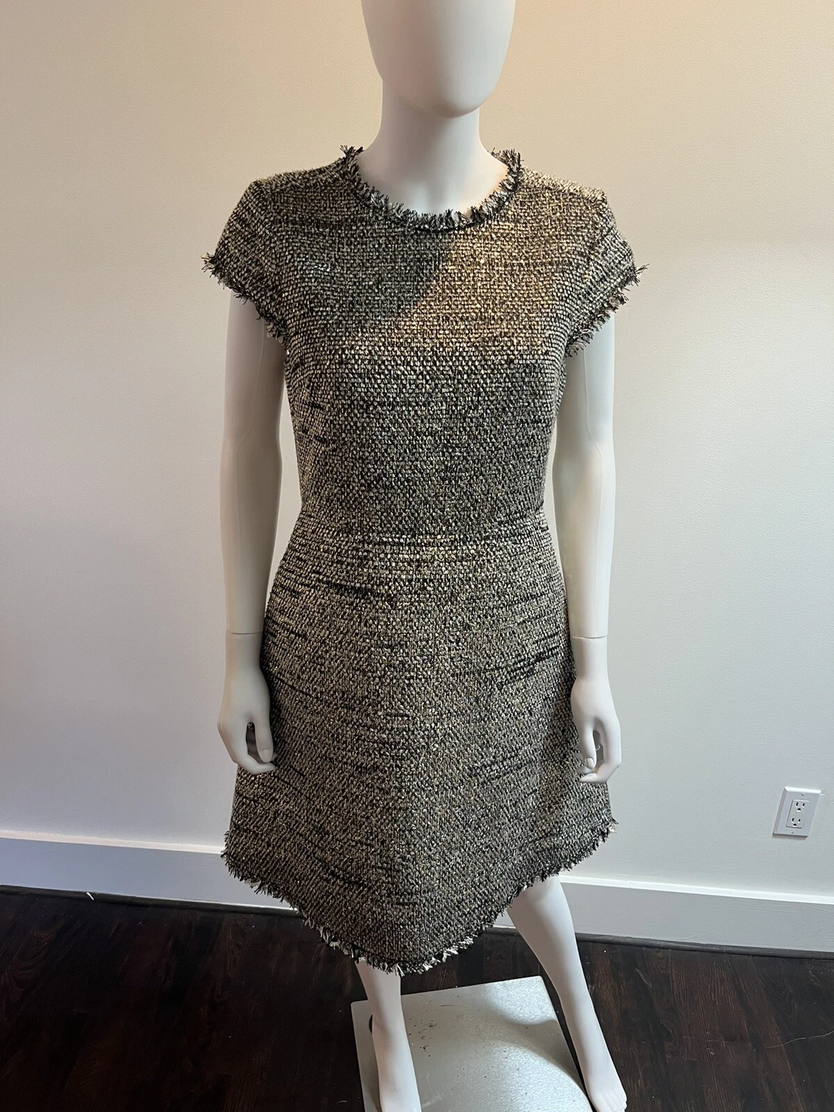 Abito da festa Kate Spade 10 nuovo con etichette in tweed metallizzato oro nero argento $429