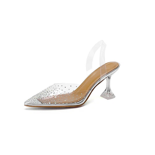 Damenschuhe durchsichtig Strass spitz zulaufend Riemen Pfennigabsatz Fersenriemen Pumps - Bild 13 von 19
