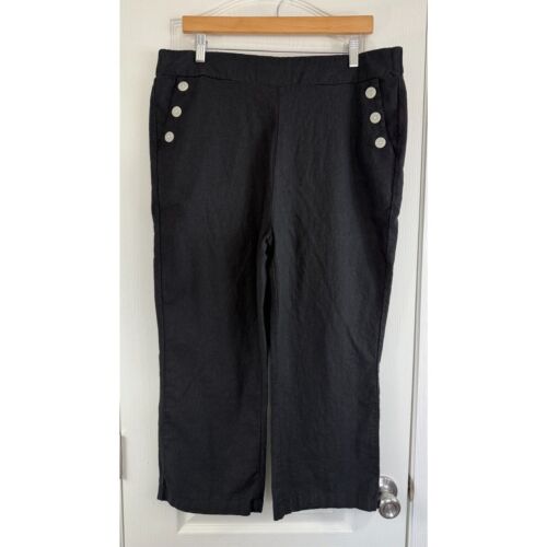 Nicole Miller Women's Pull On Sailor Pants Black Linen Blend Capri Size XL