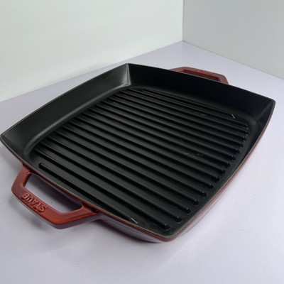 Staub Griddle Cast Iron Pan With Two Handles 13  Cherry Red