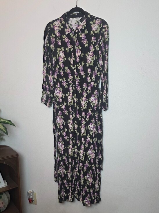 Zara Size L Black Purple Floral Print Crinkled Long Sleeve Maxi Shirt Dress Goth