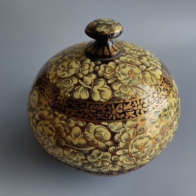 Kaschmir Vintage Traditionelle Kunst Schmuckschatulle Handarbeit Gold 13cm Pappmaché