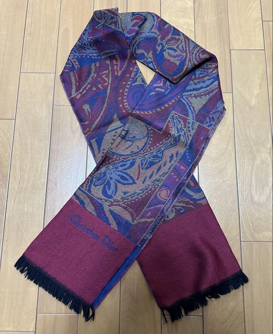Christian Dior foulard cachemire châle vin bleu marine foncé laine mélangée 150x32cm