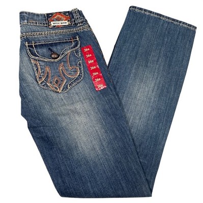 MEK DNM Slim Bootcut Jeans 26 Distressed Denim Embroidered Comfort Office Casual