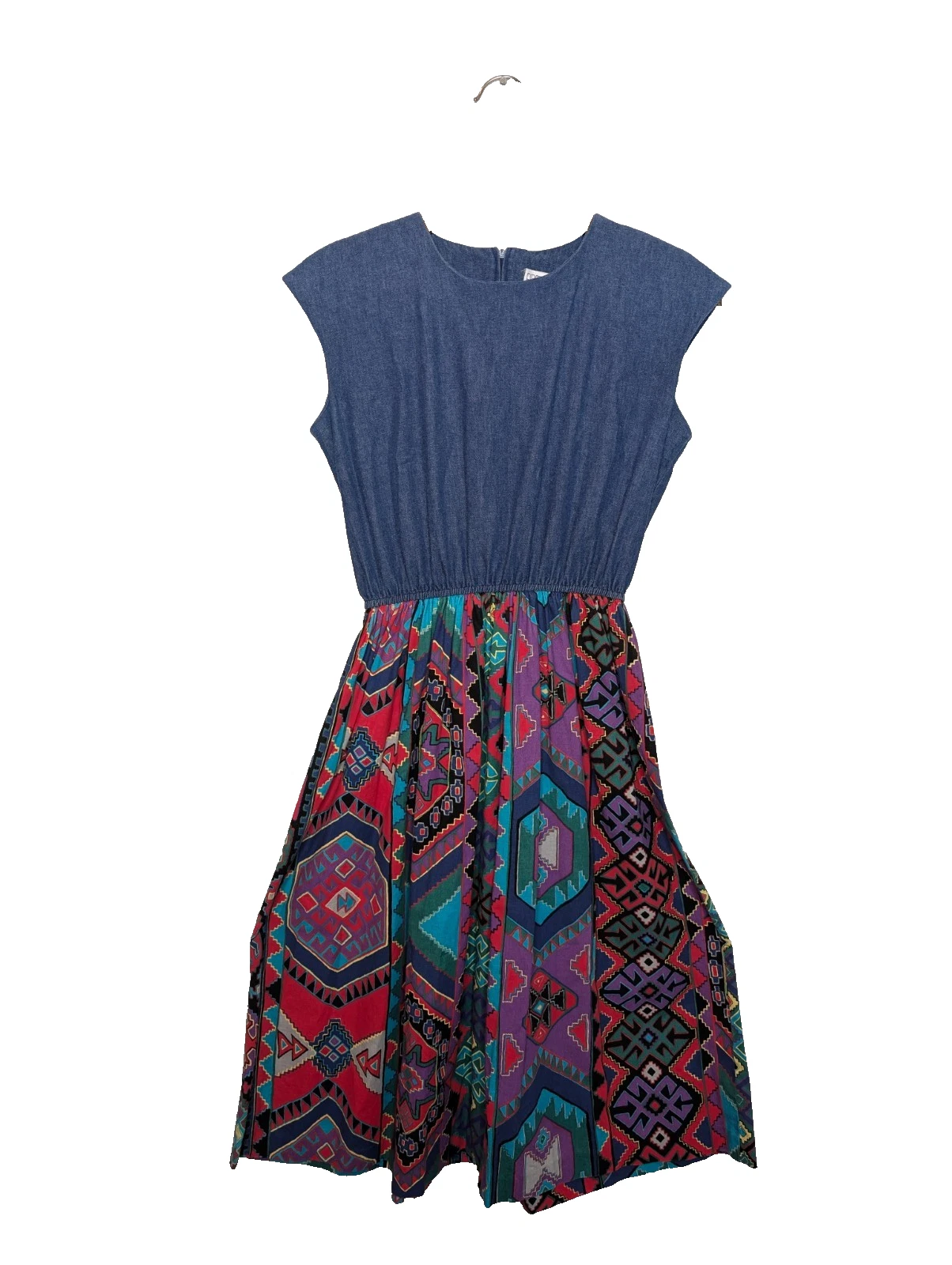 Vintage One Piece Denim Sleeveless Dress Southwestern Print Zip Back Cotton 90s