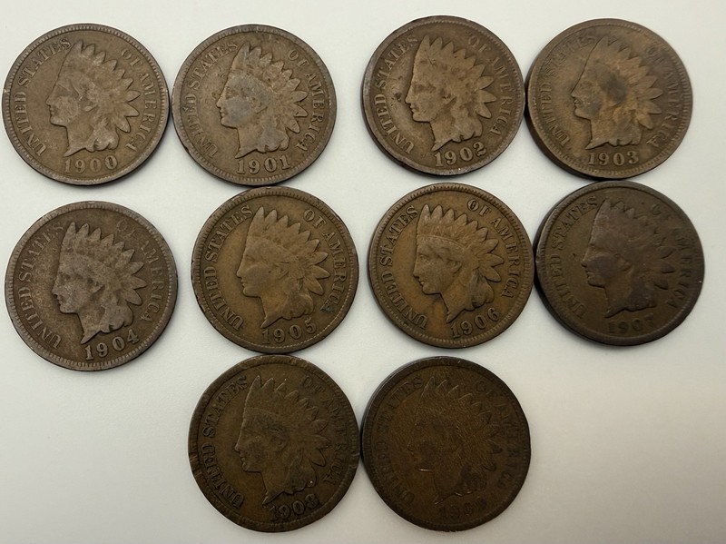 Indian Head Cent Lot 10 Coins 1900-1909 Small Cent Copper very good lot 1