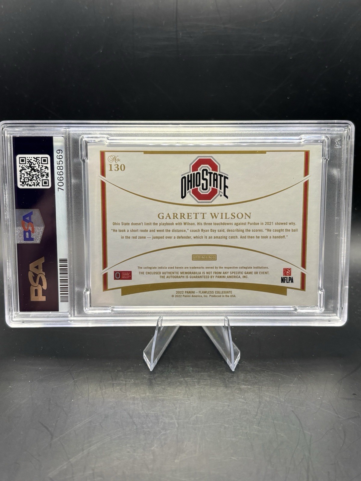 2022 Flawless Collegiate Garrett Wilson Jumbo Patch Auto /25 PSA 8 RC #130 view 2
