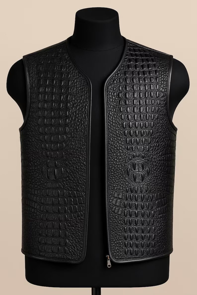 Genuine Cowhide Crocodile Embossed Leather Vest: Handmade Biker Western Style