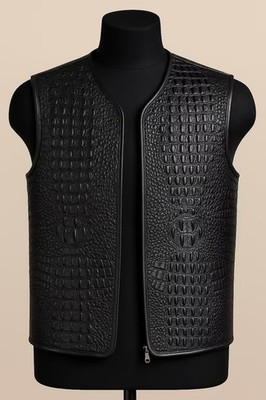 Genuine Cowhide Crocodile Embossed Leather Vest: Handmade Biker Western Style