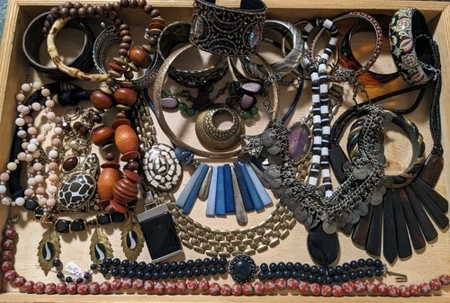 Vtg Mod Costume Jewelry Lot Boho Tribal Wearable 28pc Cuffs Necklaces Bangle Ect
