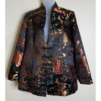 Soft Surroundings L Jacket Black Gold Red Floral Brocade Frog Closure Asian Chic