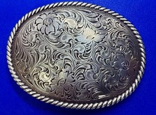 Western Oval Flower Swirl Ornate Engraved Silver Tone Cowboy Cowgirl Belt Buckle
