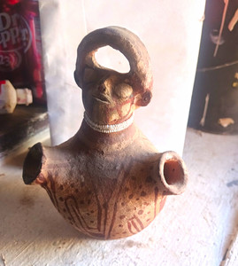 Latin American Pottery Effigy Figure Vessel, Double Spout, Loop Handle, Brown
