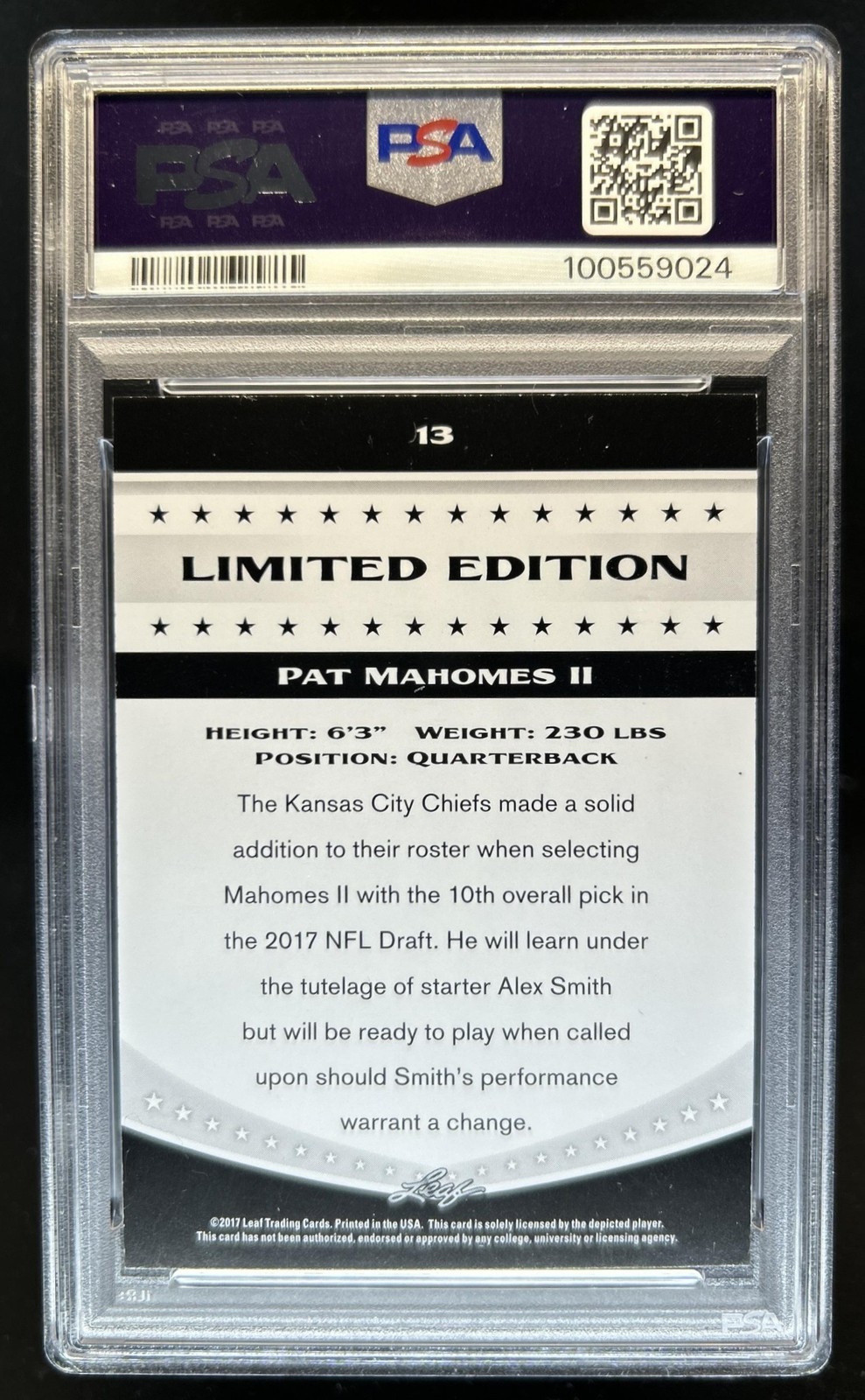 2017 Leaf Special Release Limited Edition Pat Mahomes #13 PSA 8 view 2