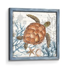 Framed Sea Turtle Wall Art: Wooden Coastal Ocean Life Picture Artwork Seabed ...