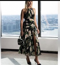 Carolina Herrera Floral Halter Midi Dress Black Multi Silk Size 6