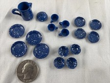 Vintage 18 Piece minature Doll House blue speckled enamel Dinner Ware