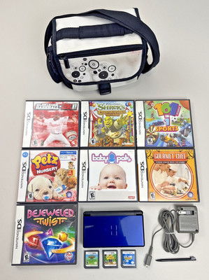 Nintendo DS Lite - Cobalt / Black Console W/ Case, 10 Games Charger FULLY TESTED