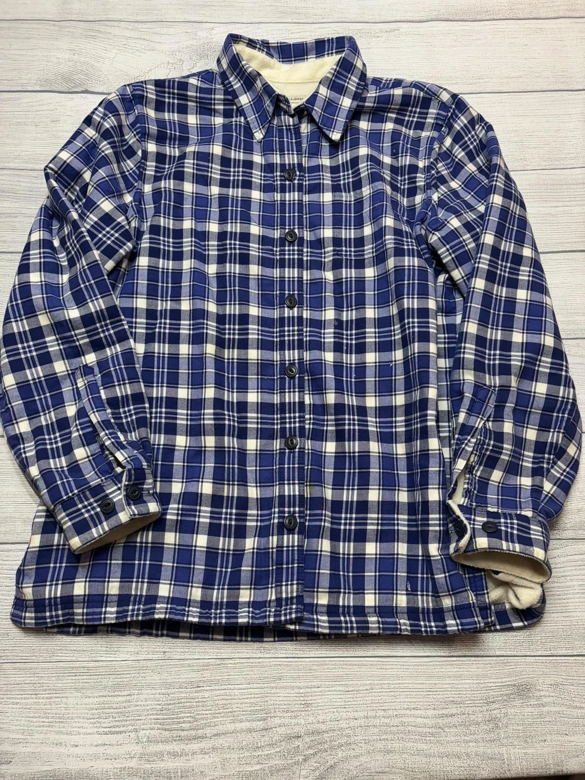 LL Bean Shirt Mens Medium Blue Plaid Flannel Lined Button Front Casual Outdoor