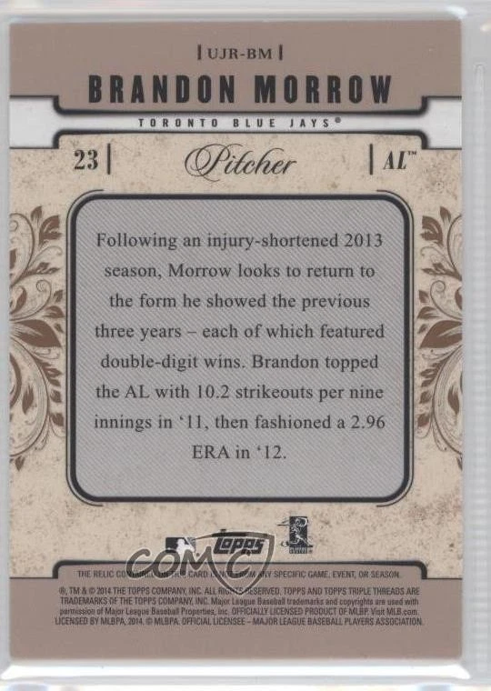 2014 Topps Triple Threads Unity Single Jumbo Relics Sepia /27 Brandon Morrow - Image 2 of 2