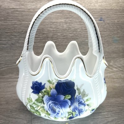 Baum Bros Formalities Victorian-Style Bone China Blue Rose Decorative Basket
