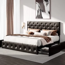 King Platform Storage Bed with 4 Drawers & Adjustable Headboard, Black Brown
