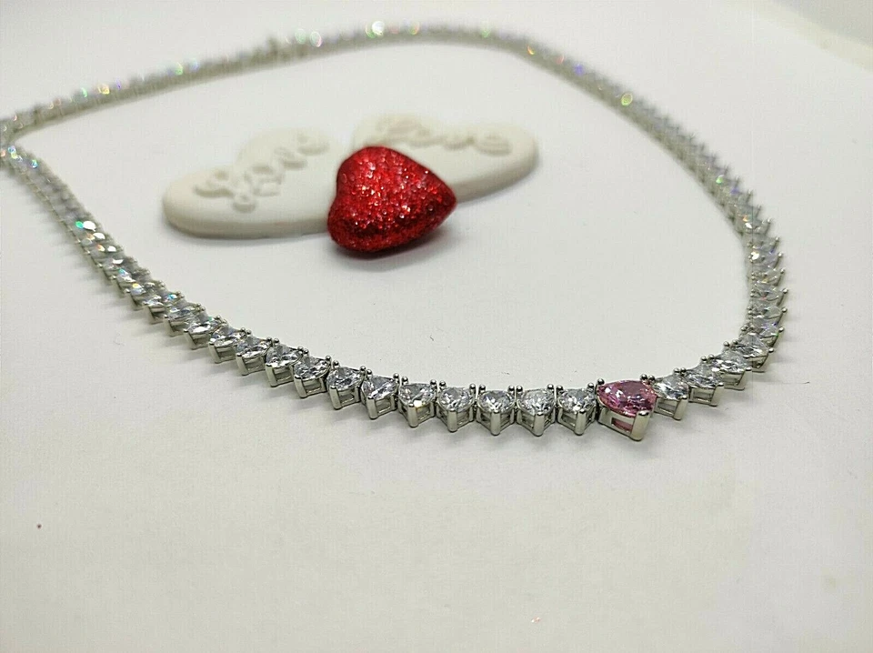 Collana tennis donna argento 925 . collana con Cuori  . collier . collana donna - Immagine 4 di 4