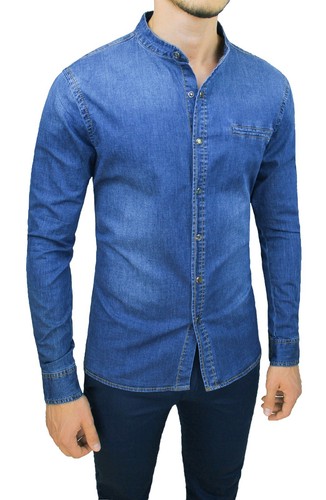 Camicia di Jeans uomo slim fit Coreana casual blu denim elasticizzata da M  a XXL | eBay